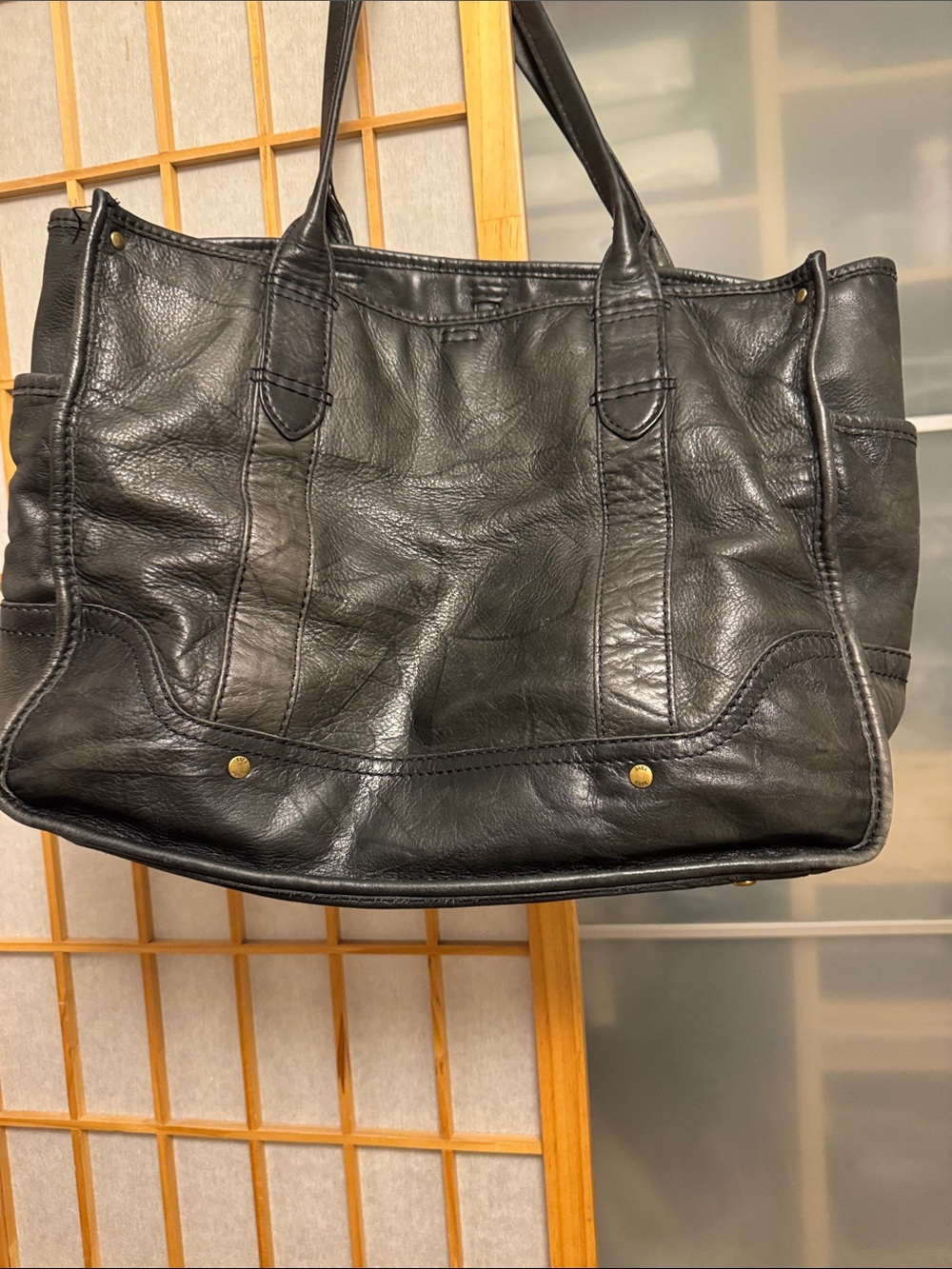 Frye Black Leather Tote with Brass Accents - Picture 3 of 9
